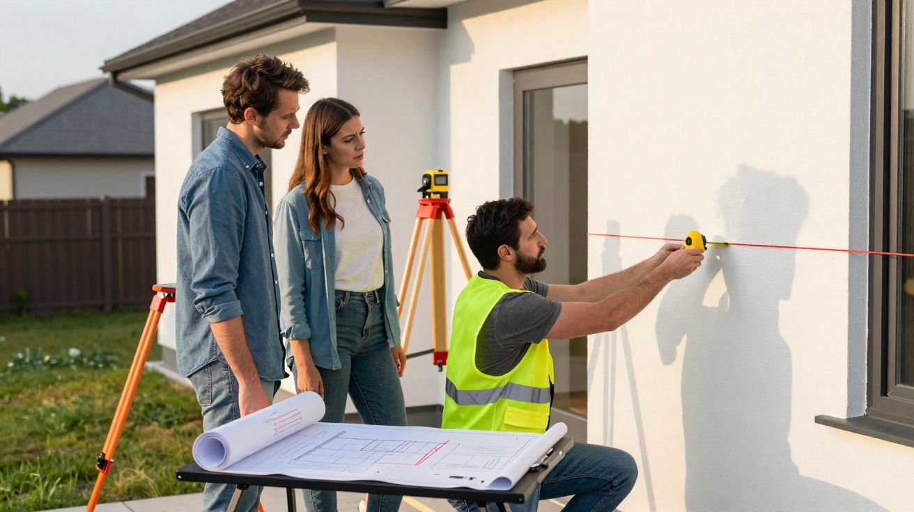 Profissional mede parede externa com trena laser enquanto casal observa plantas na mesa.