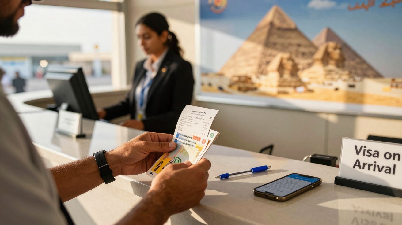 Pessoa com documentos e bilhete visa on arrival em balcão de atendimento com uma funcionária ao fundo e imagem de pirâmides.