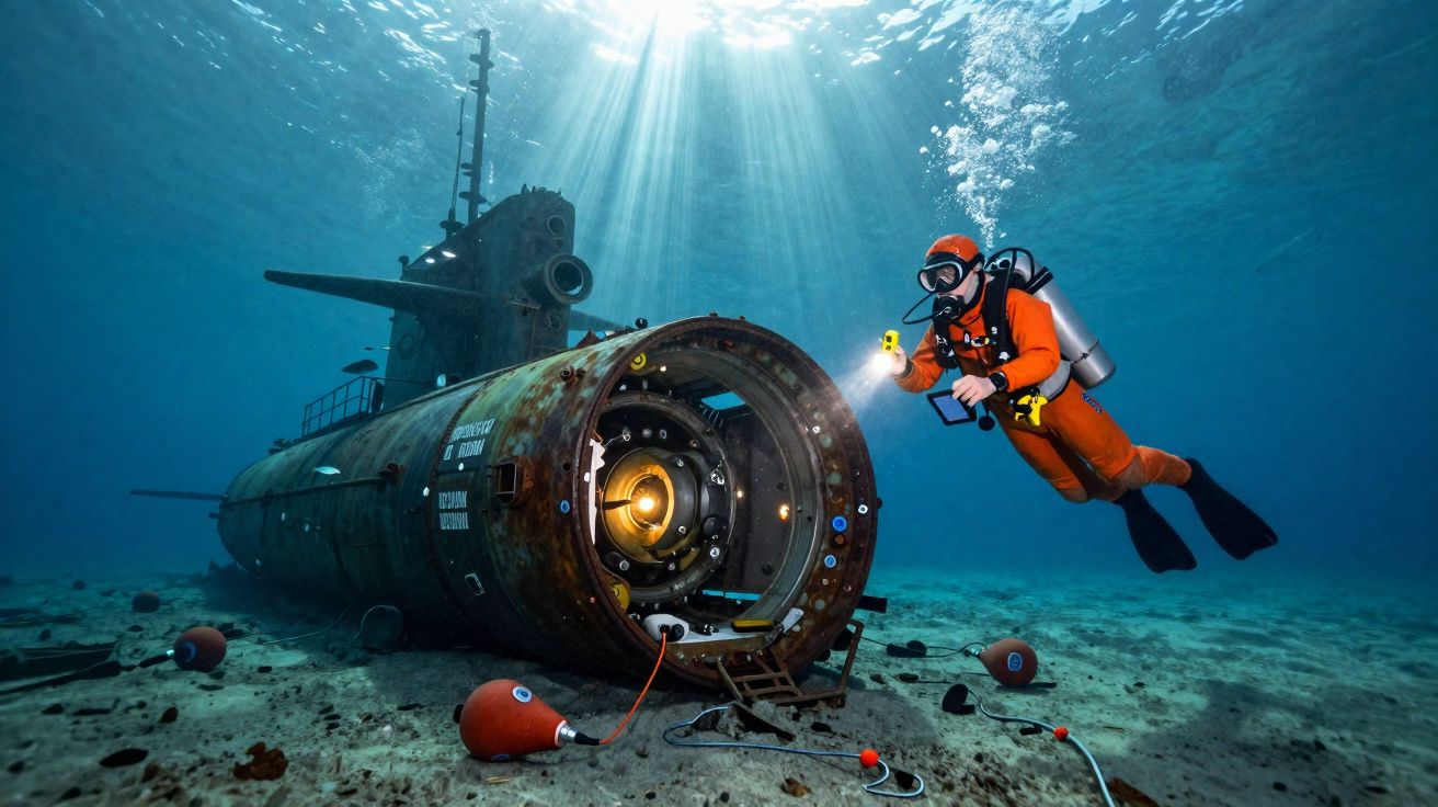 Mergulhador com traje laranja explora submarino antigo e enferrujado no fundo do mar com luz solar da superfície.