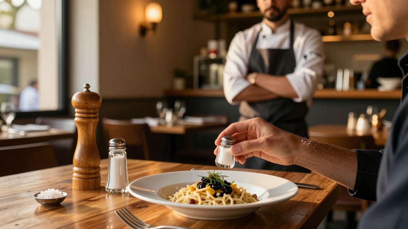 Pessoa temperando prato de macarrão com sal em restaurante, enquanto chef observa ao fundo.