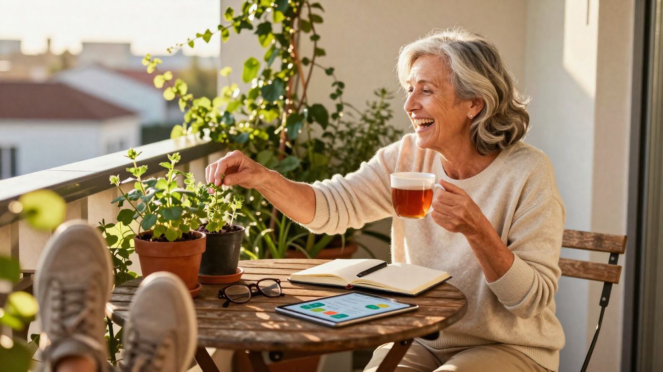 Mulher idosa sorridente cuidando de plantas e tomando chá em varanda ensolarada.