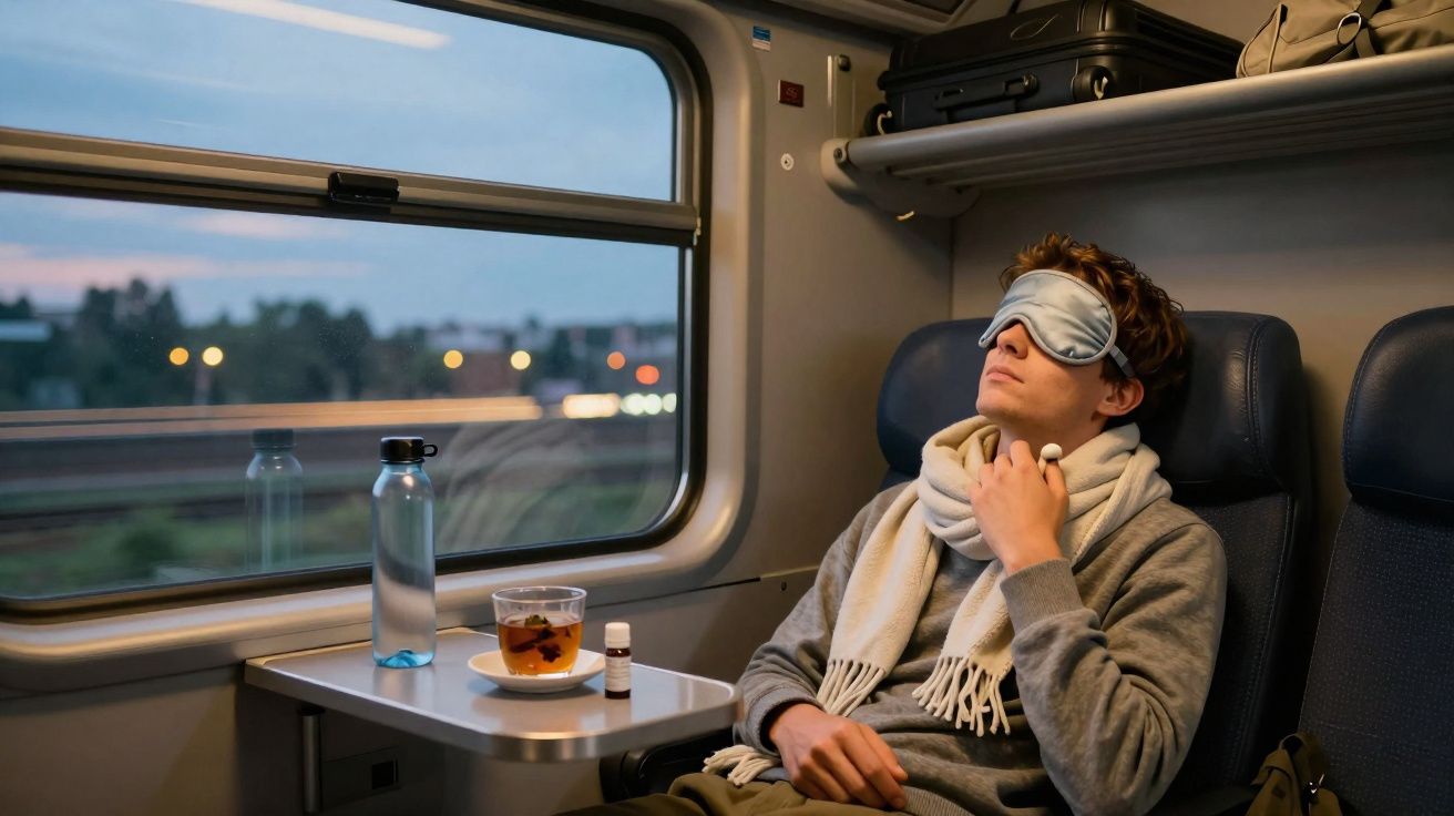 Jovem usando máscara de dormir, com fones de ouvido, relaxando em poltrona de trem ao entardecer.