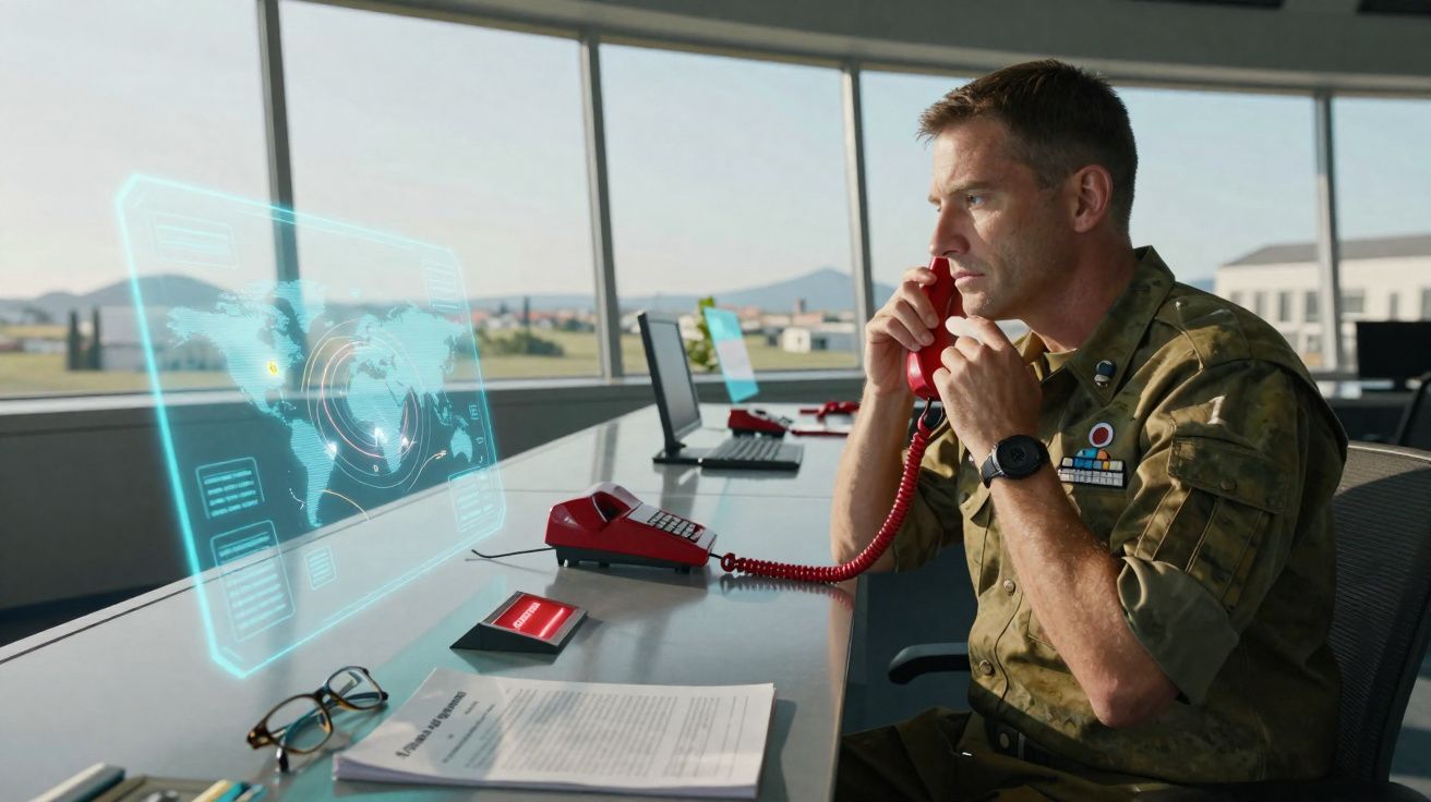 Homem em uniforme militar usando telefone vermelho em escritório com tela holográfica de mapa mundial.