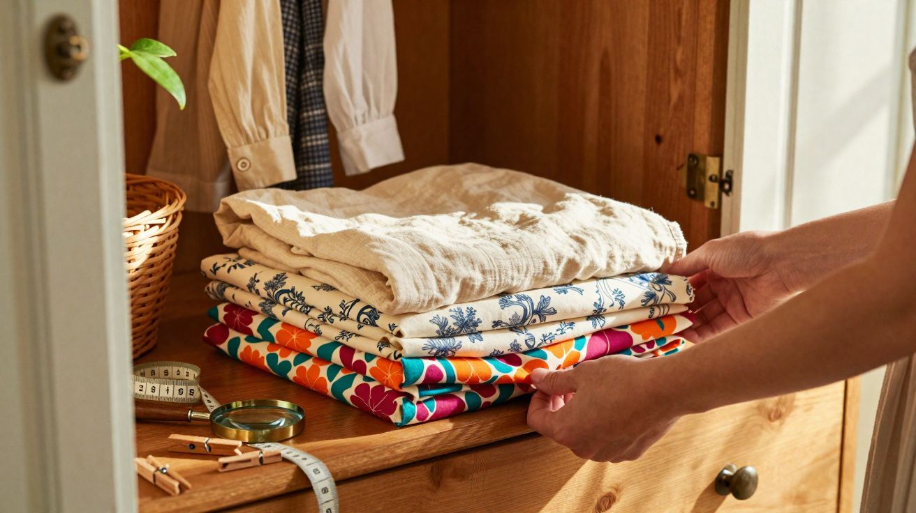 Pessoas organizando roupas coloridas dobradas em uma prateleira de madeira em ambiente iluminado.