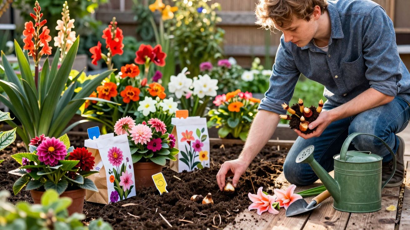 Jovem planta bulbos de flores no jardim ao lado de regador, pá pequena e flores coloridas em vasos.