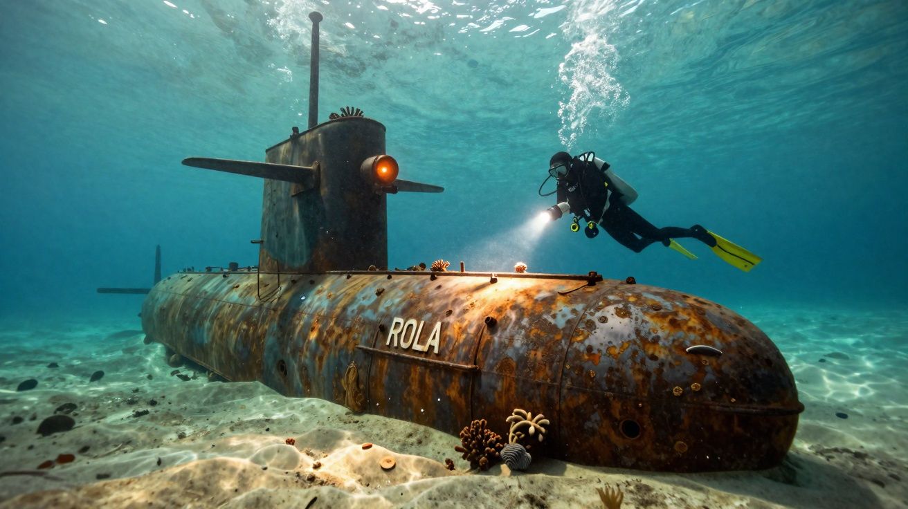 Mergulhador com lanterna explora submarino enferrujado e coberto de corais no fundo do mar.
