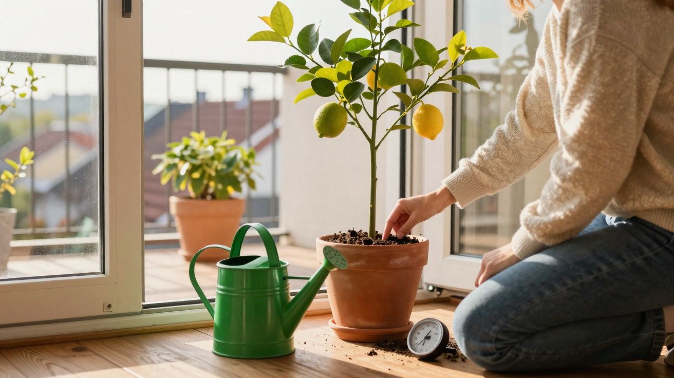 Pessoa cuidando de vaso com limoeiro perto de janela, regador verde e medidor de umidade no chão.