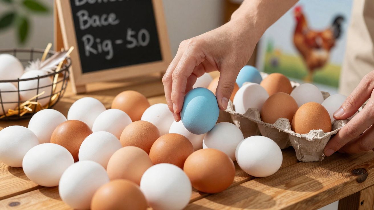 Mãos organizando ovos brancos, marrons e um azul sobre mesa de madeira com caixa de ovos ao lado.