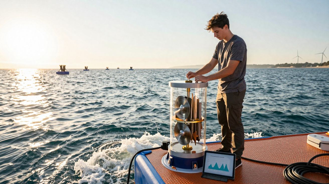 Homem mexe em equipamento científico sobre plataforma no mar ao pôr do sol, com turbinas eólicas ao fundo.