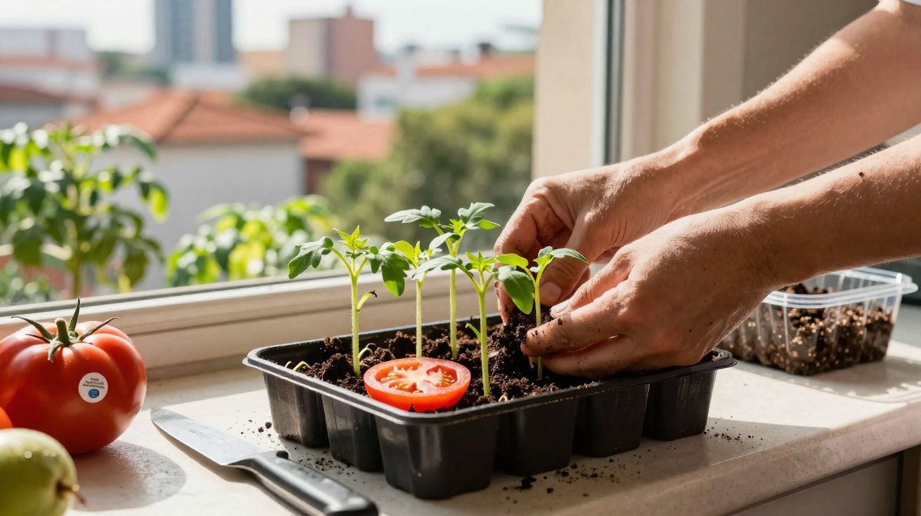 Mãos transplantando muda de tomate em bandeja com terra, tomate cortado e faca sobre bancada ao lado.
