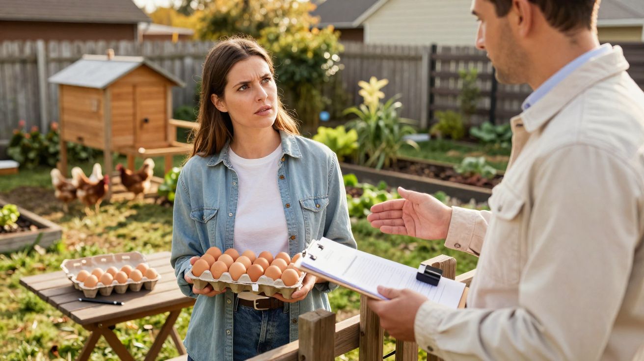 Mulher segura bandeja de ovos enquanto conversa com homem que segura prancheta em quintal com galinhas.