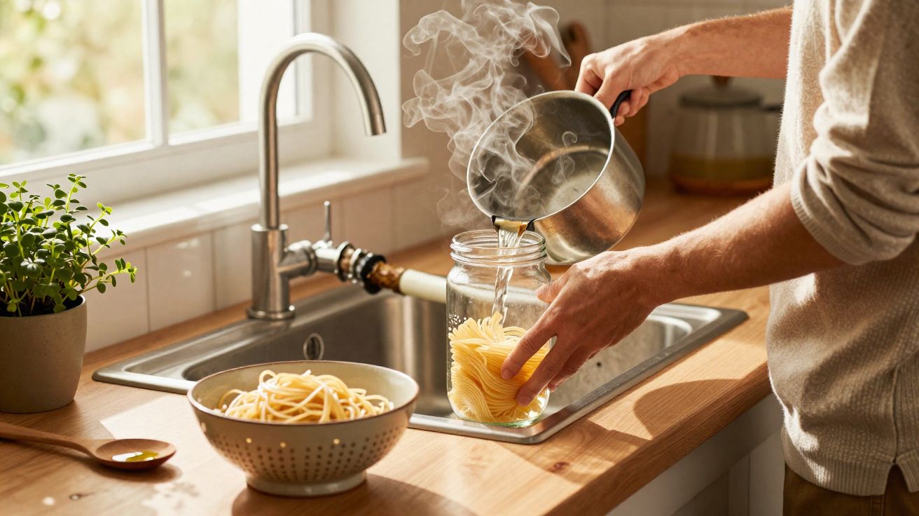 Pessoa despejando água quente em pote com macarrão na cozinha iluminada perto da pia e janela.