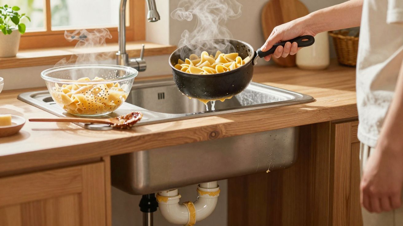 Pessoa escorrendo macarrão quente em panela sobre pia de cozinha com bancada de madeira e utensílios.