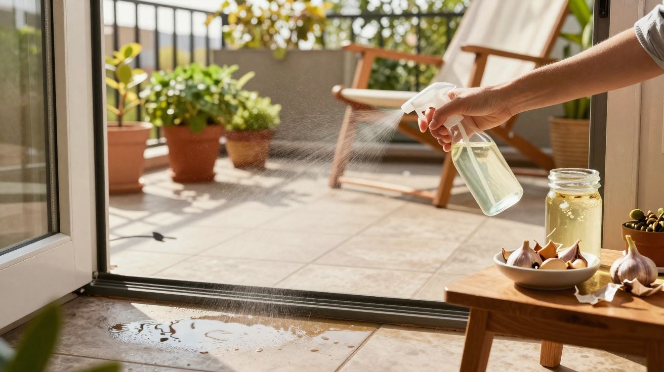 Pessoa borrifando solução em piso de varanda com plantas, cadeira de madeira e mesa com alho e jarra.
