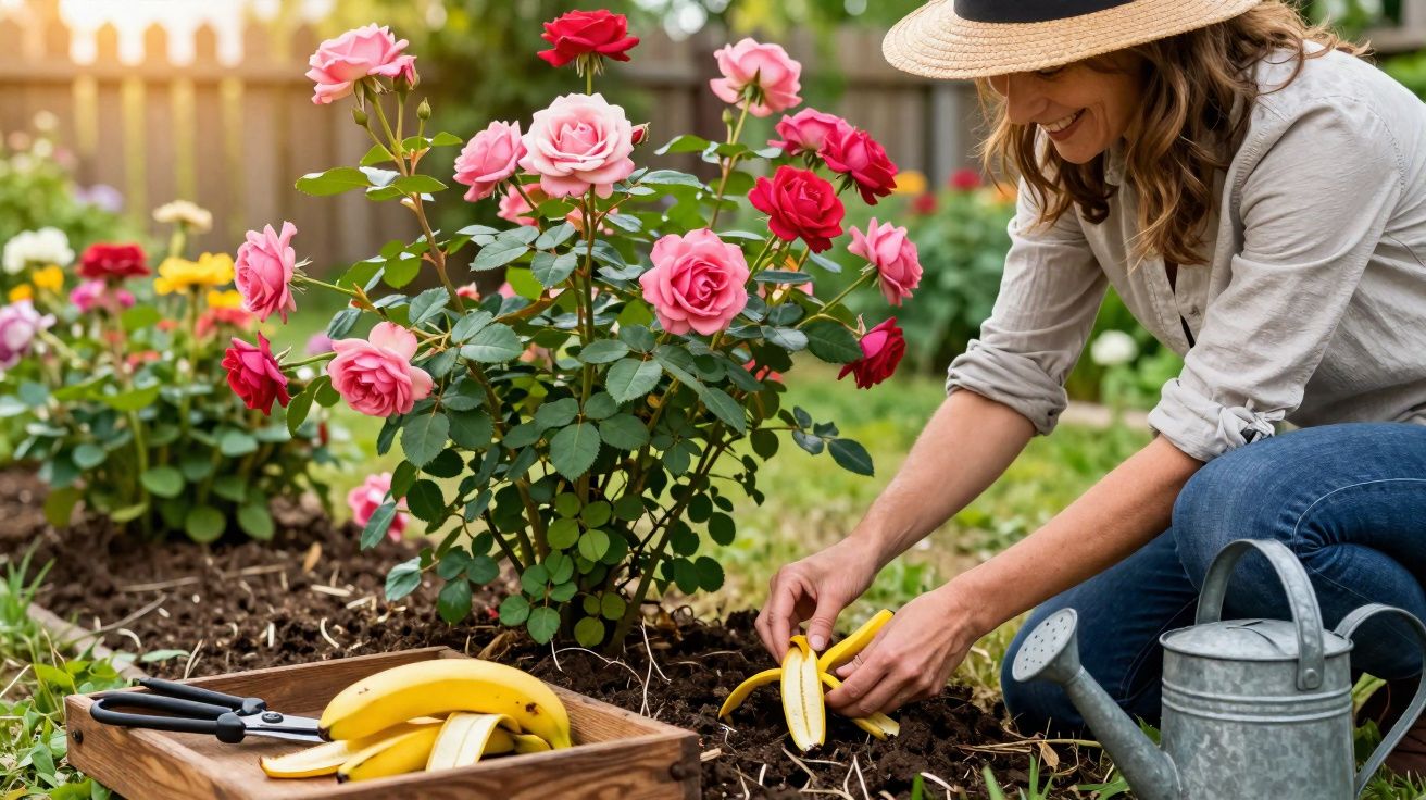 Mulher sorrindo no jardim ao lado de roseira, descascando banana com regador e tesoura ao redor.