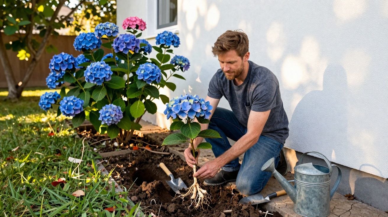Homem plantando hortênsia azul no jardim ao lado da casa em dia ensolarado.