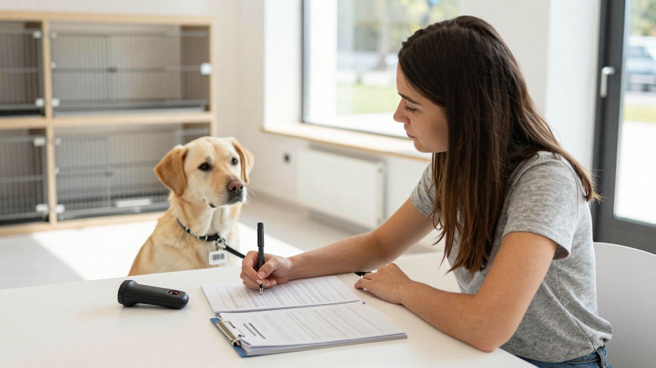 Mulher assinando documentos enquanto um cachorro labrador observa em ambiente claro e arejado.