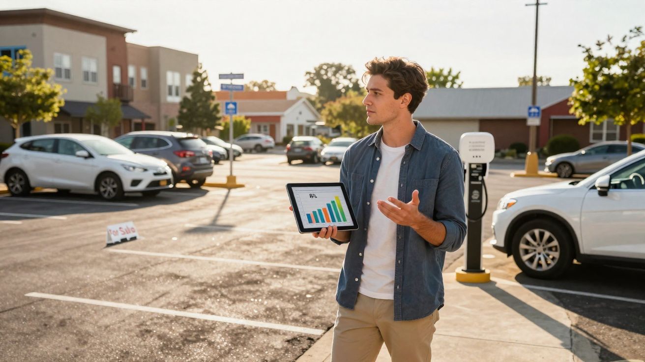 Homem em estacionamento mostrando gráfico colorido em tablet durante o dia.