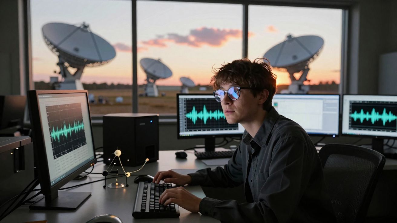 Jovem trabalhando em escritório com múltiplos monitores e antenas parabólicas ao fundo ao entardecer.