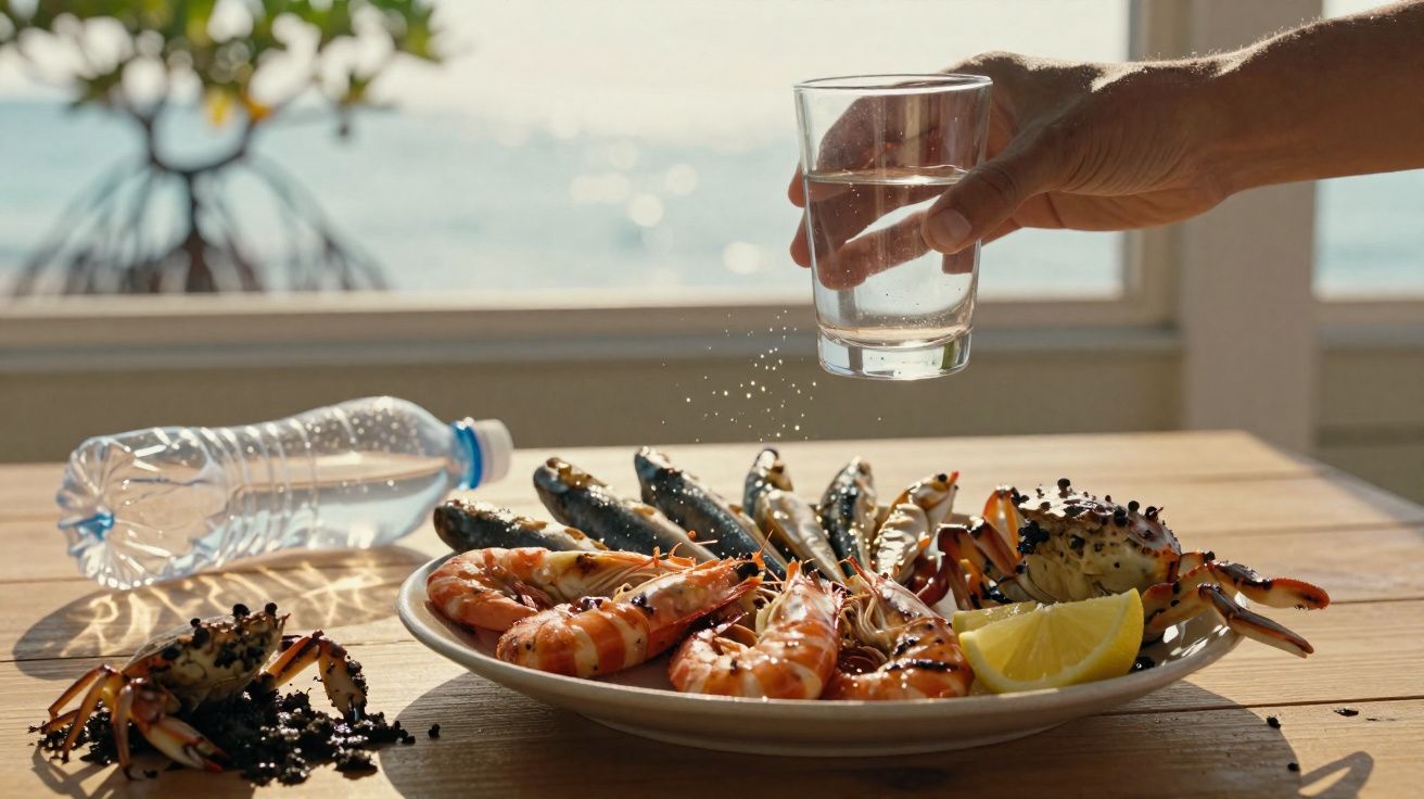 Camarões, mexilhões, caranguejos e limão em prato com uma mão salpicando água em copo na mesa de madeira.