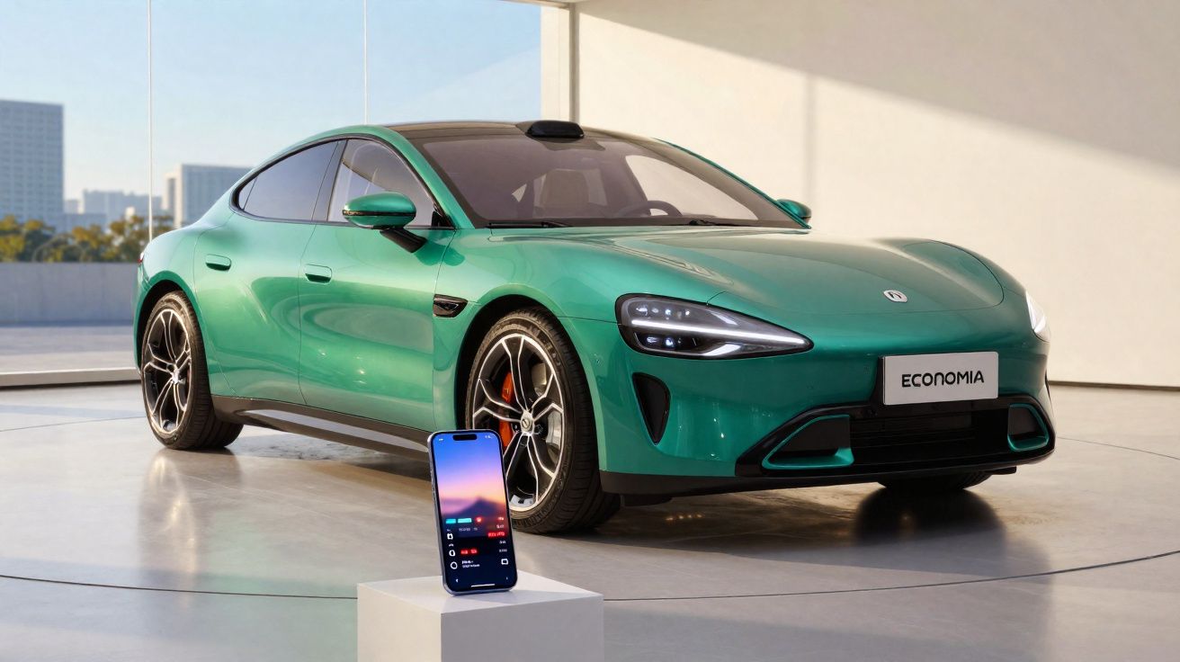 Carro elétrico verde em exposição interna com celular em pedestal na frente e placa com texto Economia.