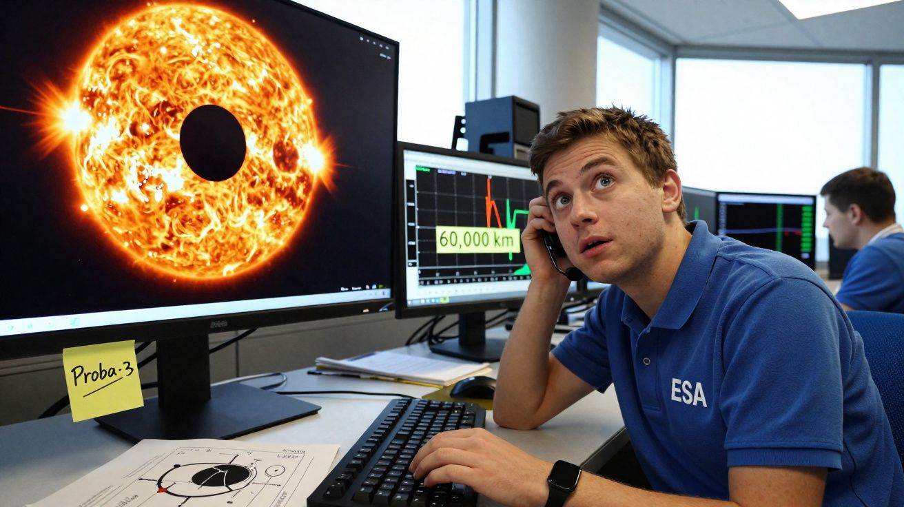 Homem com camisa da ESA observa imagens de eclipse solar e dados em múltiplos monitores em escritório científico.