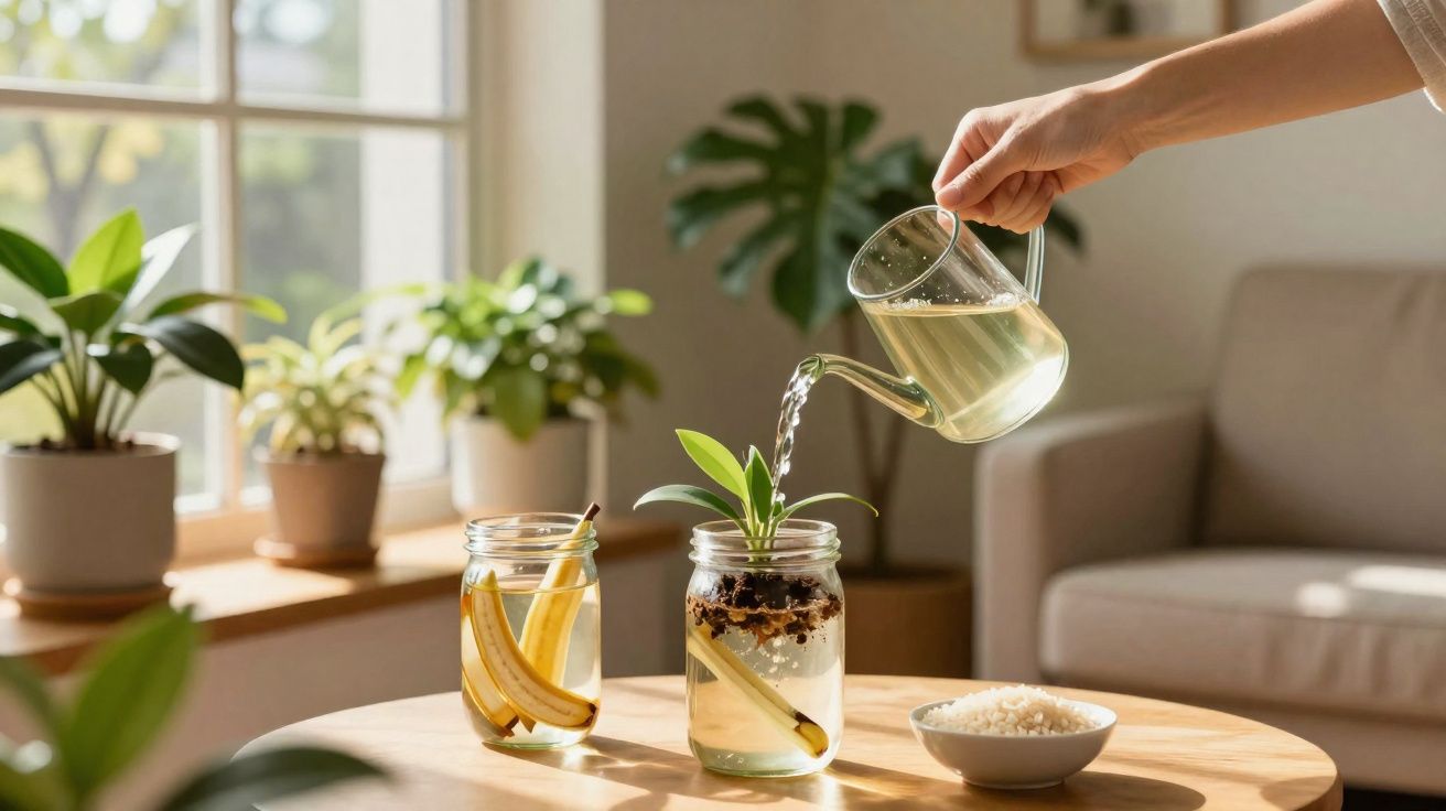 Mão regando planta em jarro com água em mesa com plantas e tigela, em sala iluminada.