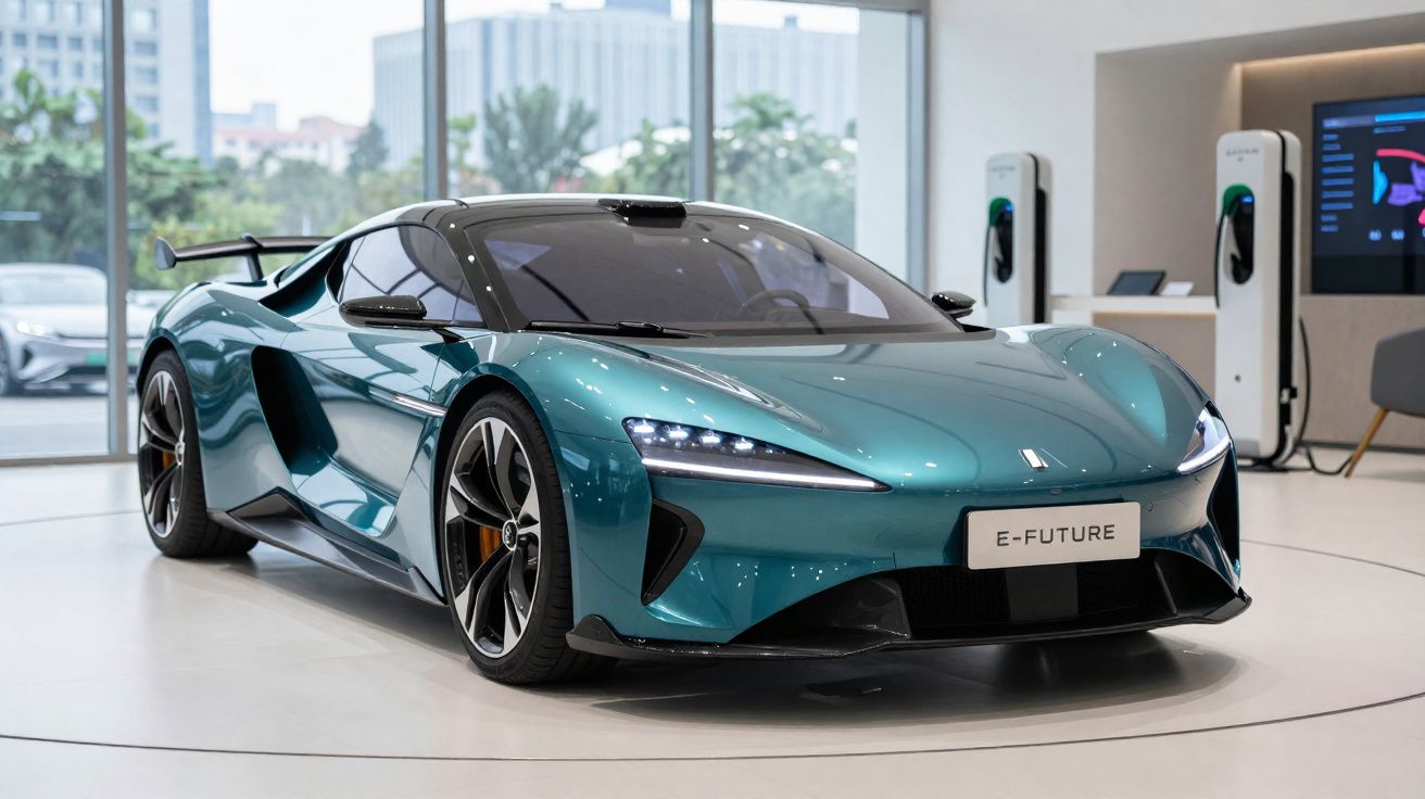 Carro esportivo elétrico azul exibido em showroom moderno com carregadores ao fundo.