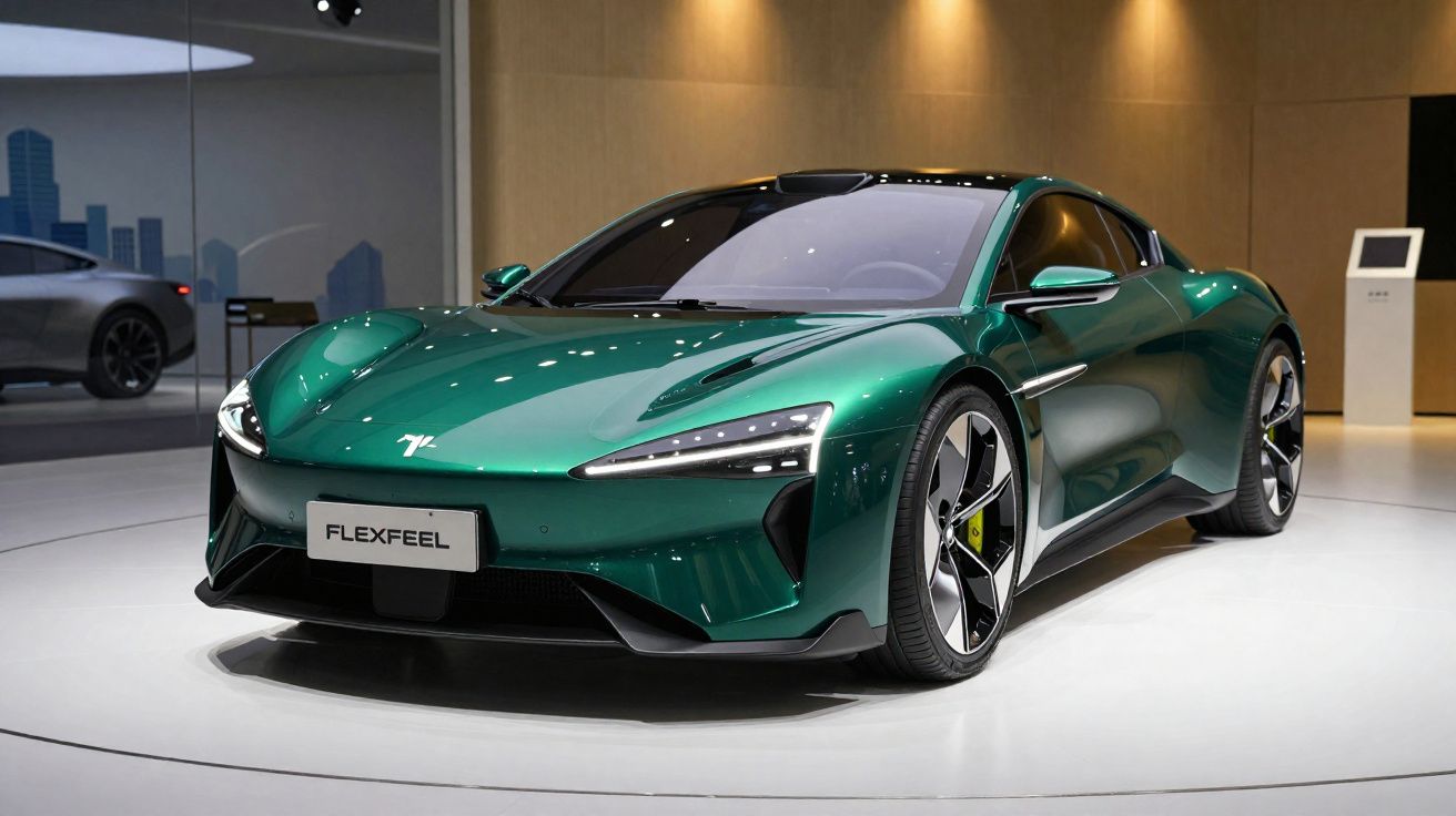 Carro esportivo elétrico verde metálico exibido em salão automotivo com design futurista e rodas grandes.