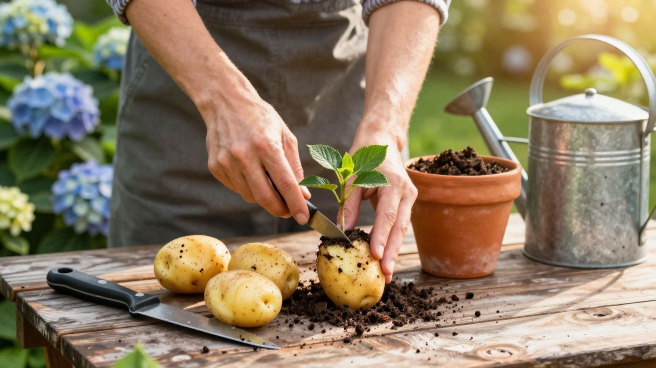 Pessoa plantando muda em batata sobre mesa de madeira com regador e vaso ao fundo