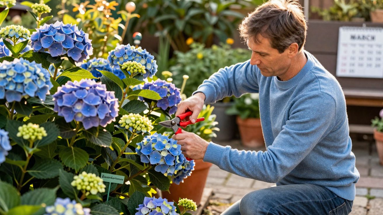 Homem aparando hortênsias azuis em um jardim ensolarado com tesoura de poda vermelha.