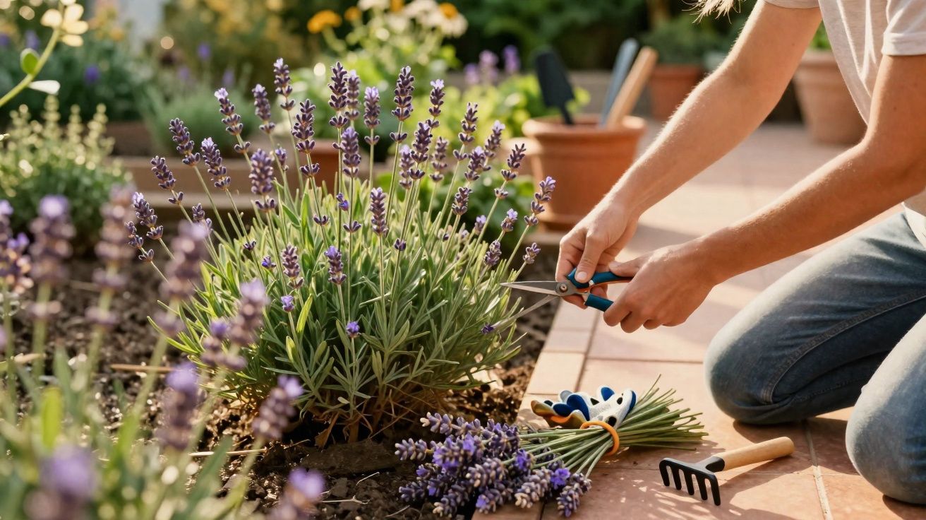 Pessoa colhendo flores de lavanda em canteiro de jardim ao ar livre em dia ensolarado.