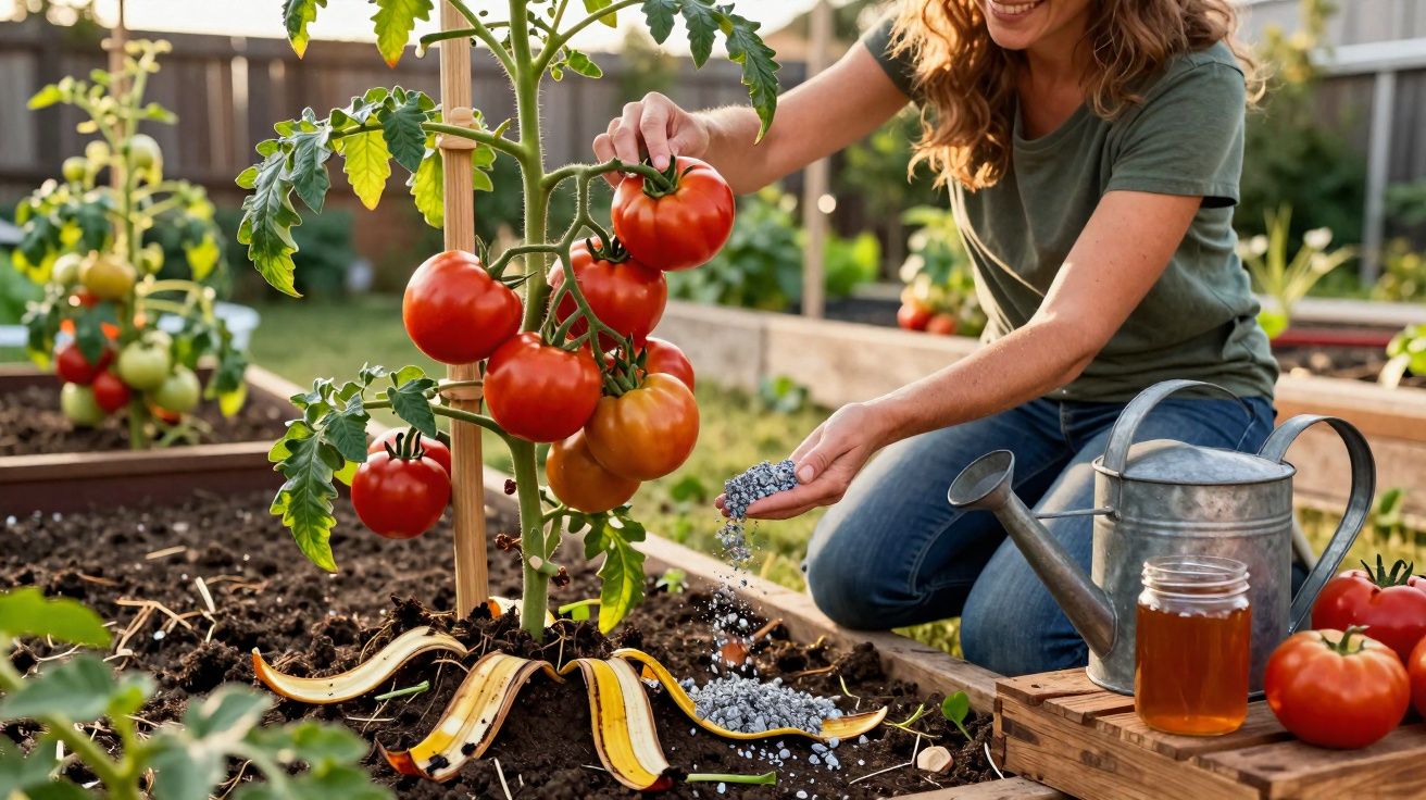 Mulher cuidando de tomateiras em horta, aplicando fertilizante com regador e pote de mel ao lado.