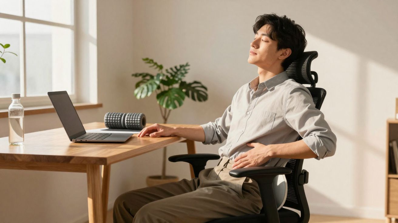 Homem relaxando em cadeira ergonômica ao lado de mesa com laptop e garrafa de água em ambiente iluminado.