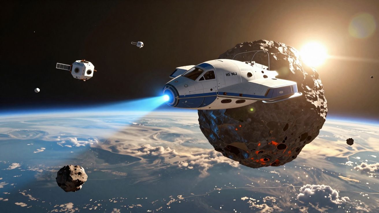 Nave espacial emitindo luz azul ao redor de asteroides em órbita acima da Terra com satélites próximos.