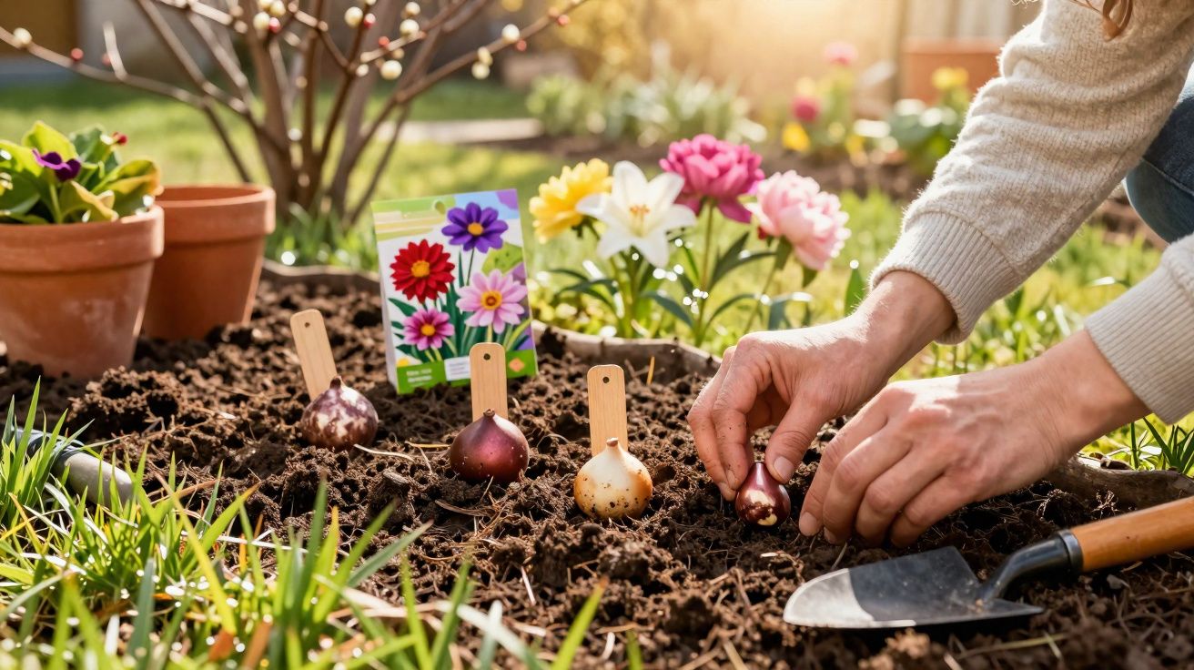 Pessoa plantando bulbos de flores no jardim em solo preparado ao ar livre ao amanhecer.