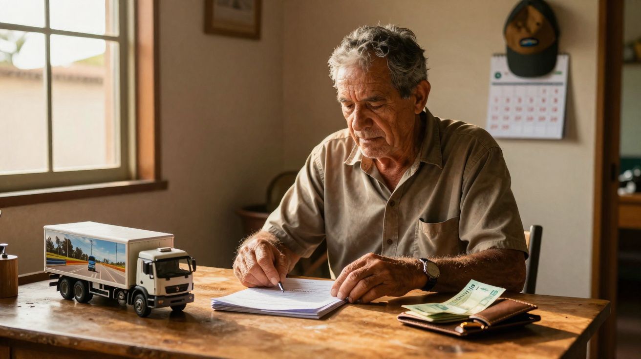 Homem idoso sentado à mesa escrevendo em caderno com caminhão de brinquedo e dinheiro ao lado.