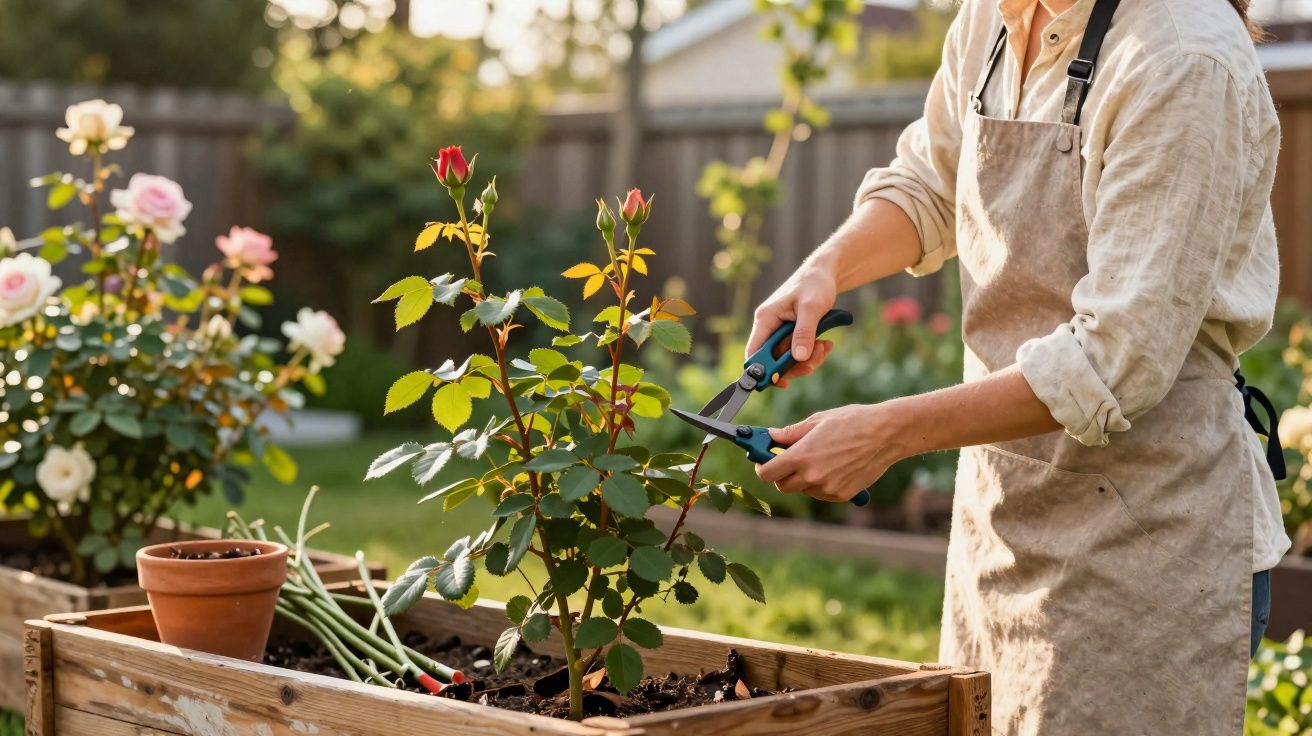 Pessoa com avental podando rosa vermelha em canteiro de madeira no jardim ensolarado.