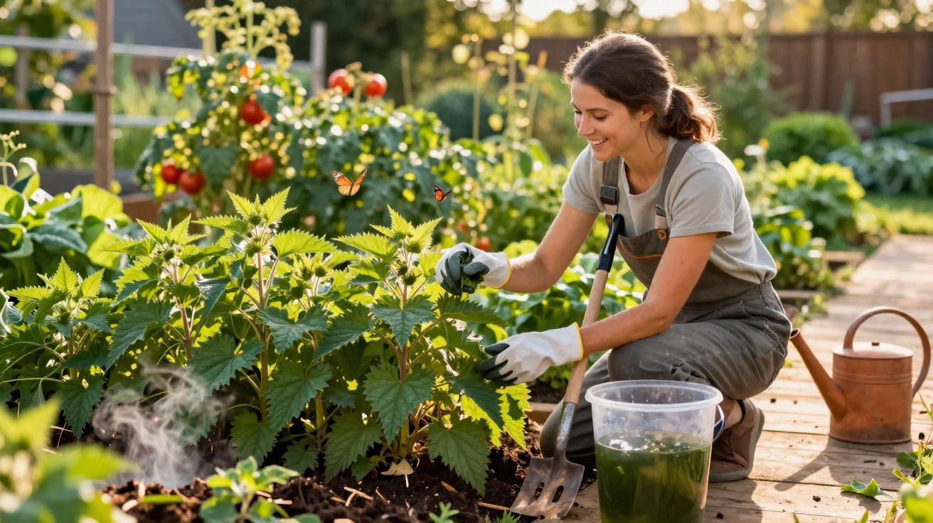 Jovem sorridente cuidando de plantas em horta ensolarada, com regador, pá e balde ao lado.