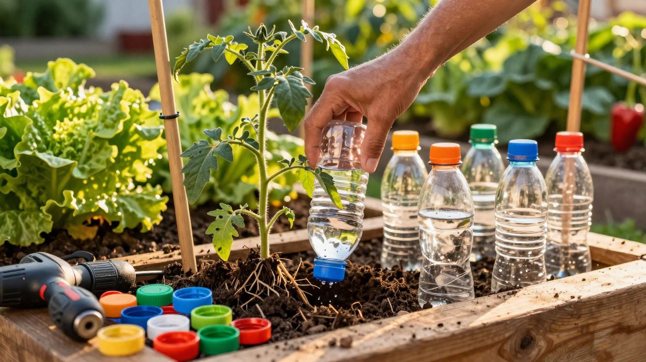 Mão regando muda de tomate com garrafa pet em horta com outras garrafas e tampas coloridas ao lado.
