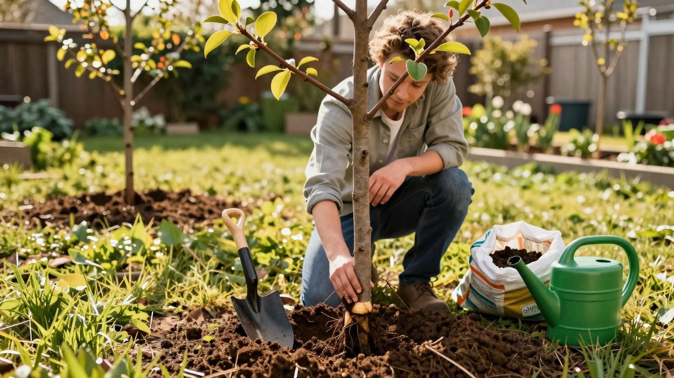Jovem plantando uma árvore em jardim com pá, regador e saco de adubo ao redor em dia ensolarado.