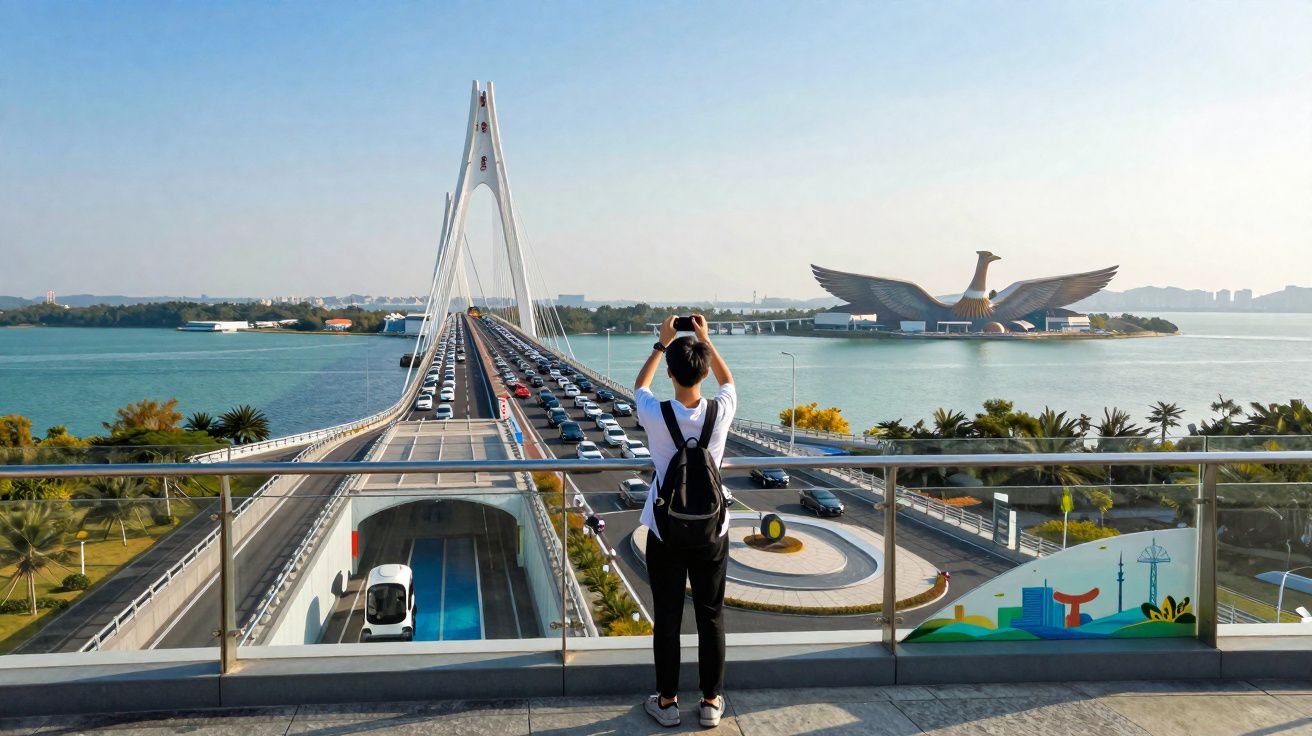 Pessoa com mochila tirando foto de ponte sobre rio com monumento em forma de águia ao fundo, em dia claro.
