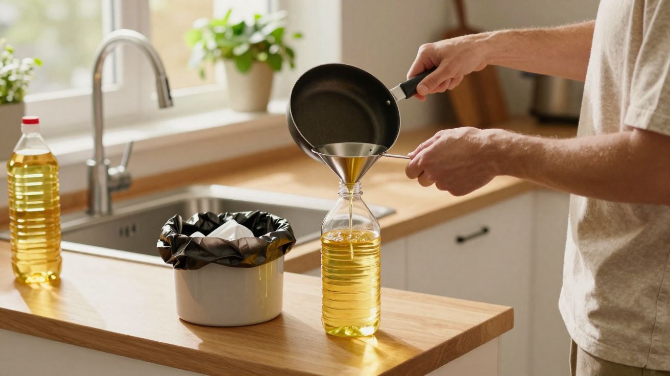Pessoa usando funil para transferir óleo de uma panela para uma garrafa plástica na cozinha.