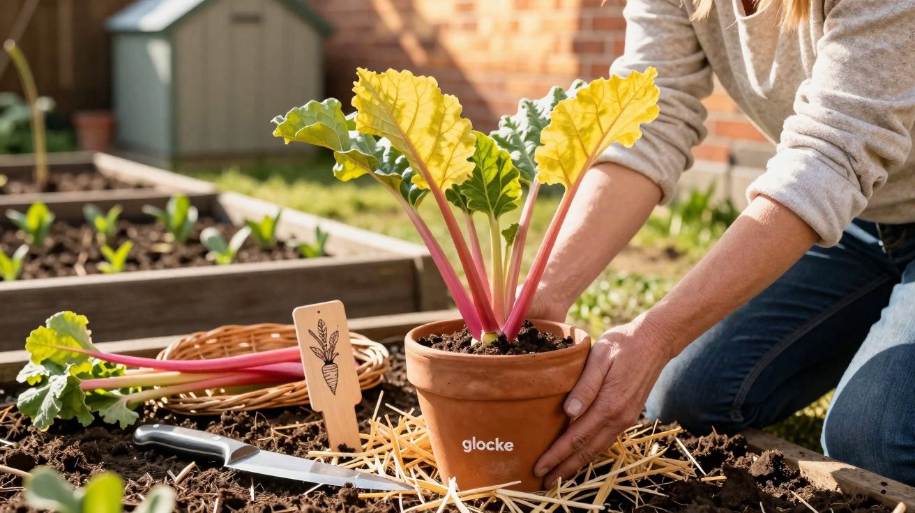 Pessoa plantando acelga vermelha em vaso de barro em jardim com canteiros elevados e faca ao lado.