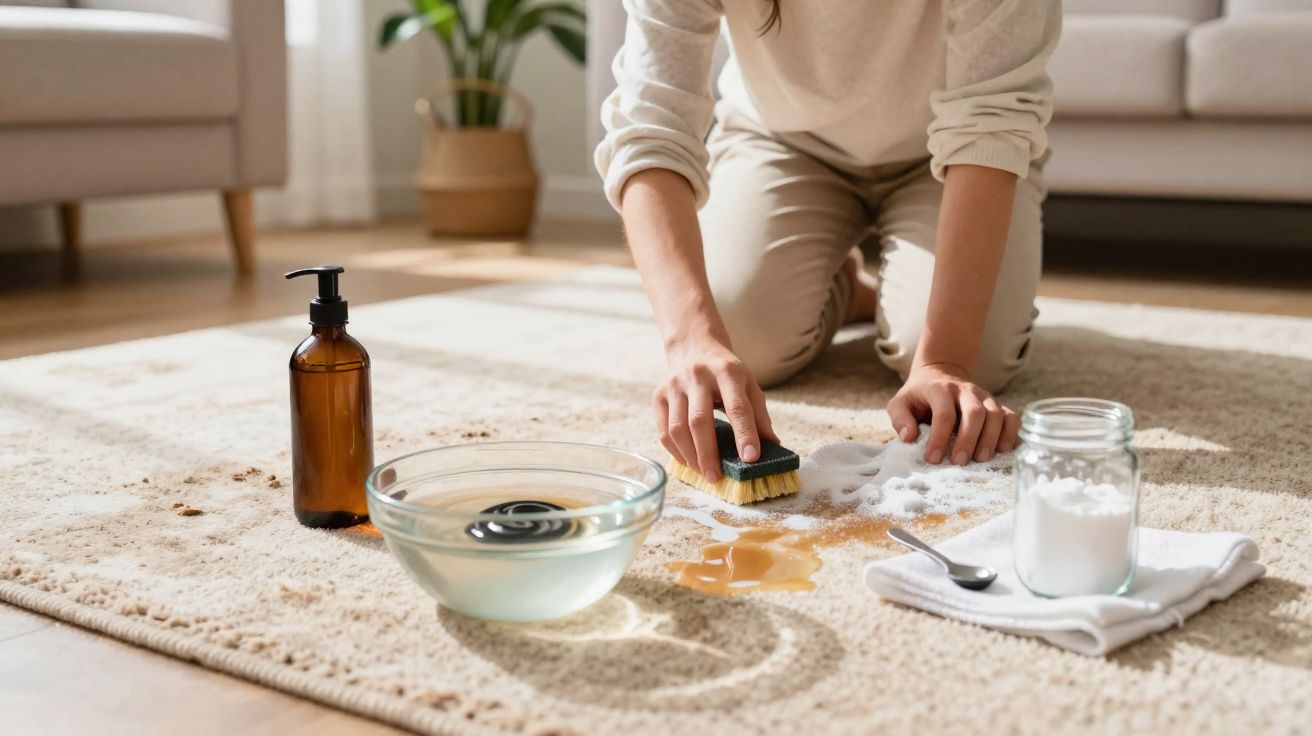 Pessoa usando escova para limpar mancha líquida em tapete, com bacia, frasco e pote de bicarbonato ao lado.