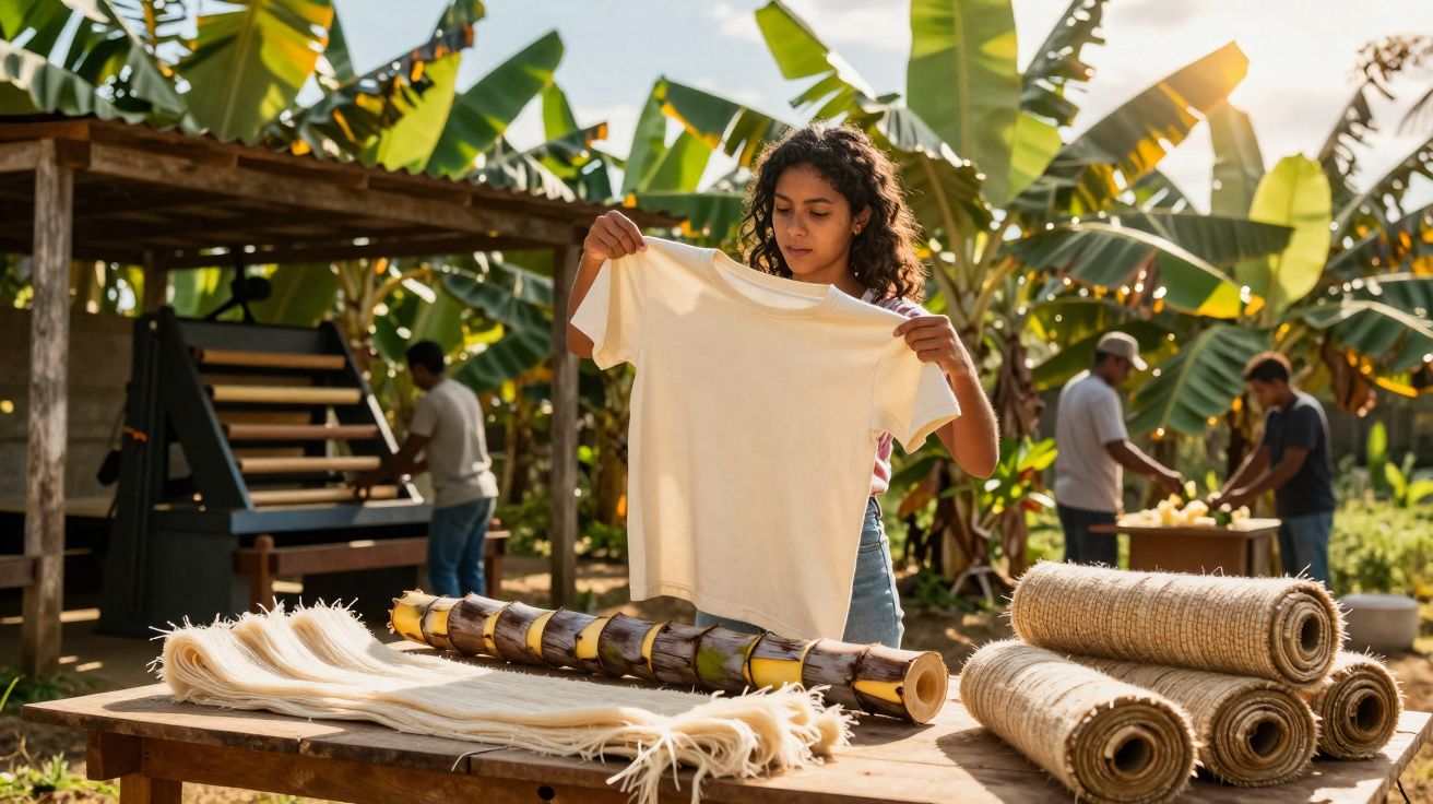 Jovem mulher examina camisa branca ao ar livre com folhas de bananeira e rolos de fibra natural na mesa.