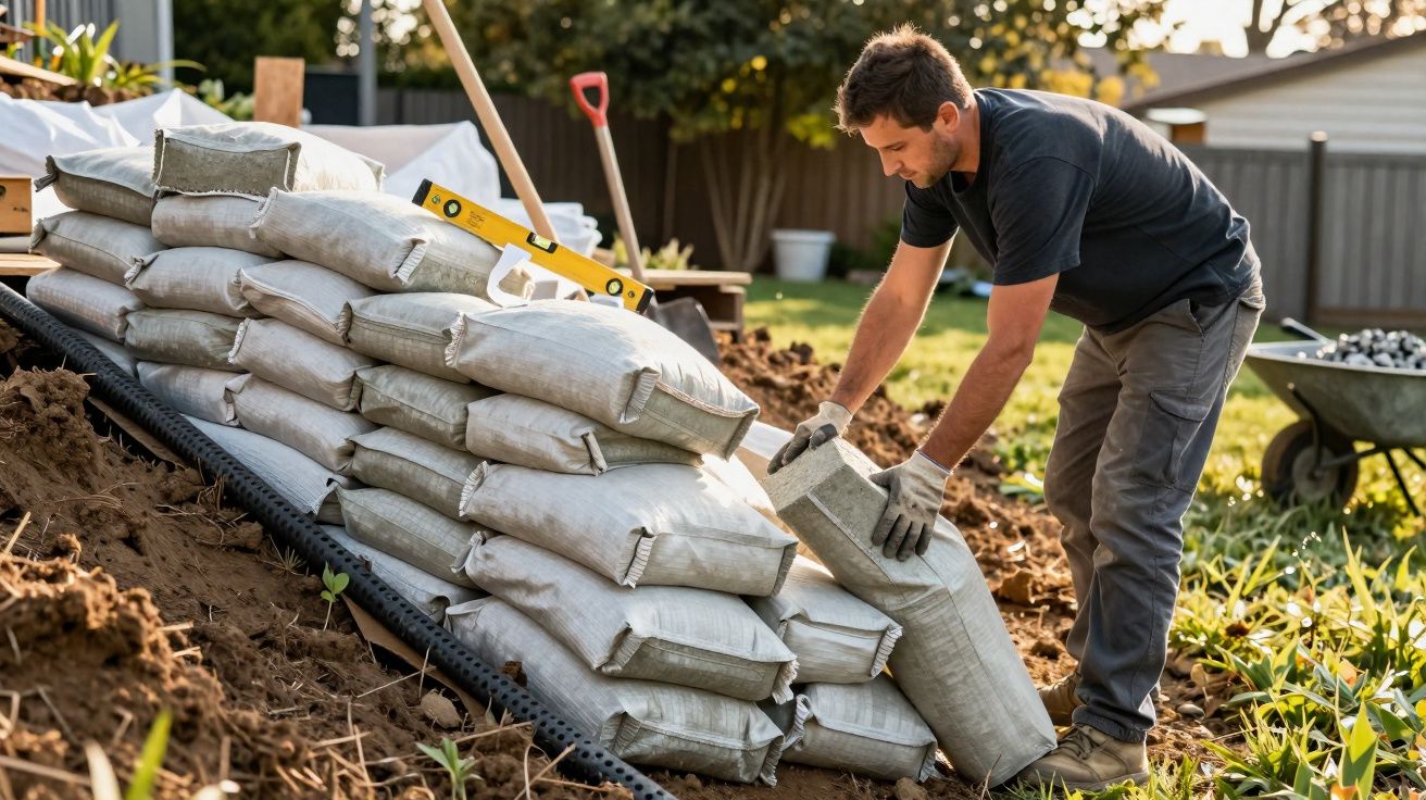Homem organizando sacos de cimento em canteiro de obra ao ar livre em dia ensolarado.