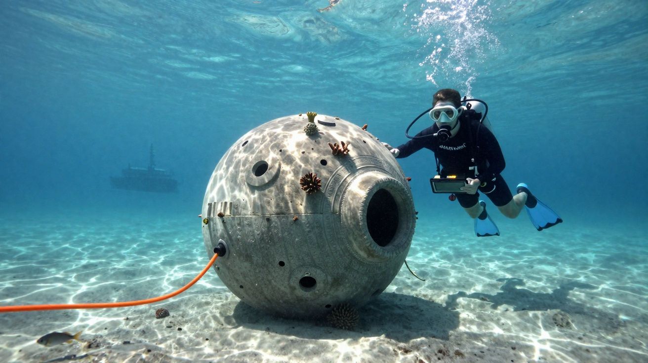 Mergulhador inspecionando cápsula espacial submersa no fundo do mar, com navio ao fundo.