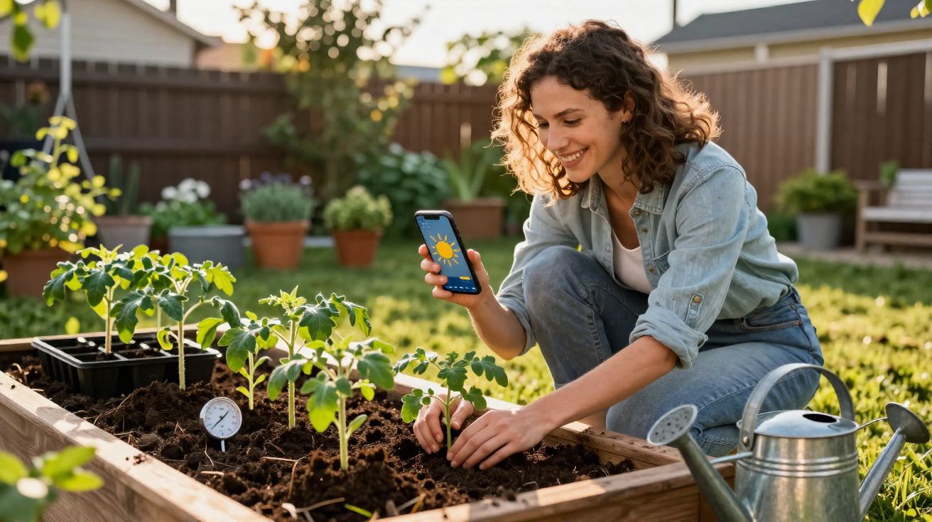Mulher sorridente cuidando de plantas em canteiro elevado enquanto confere previsão do tempo no celular.