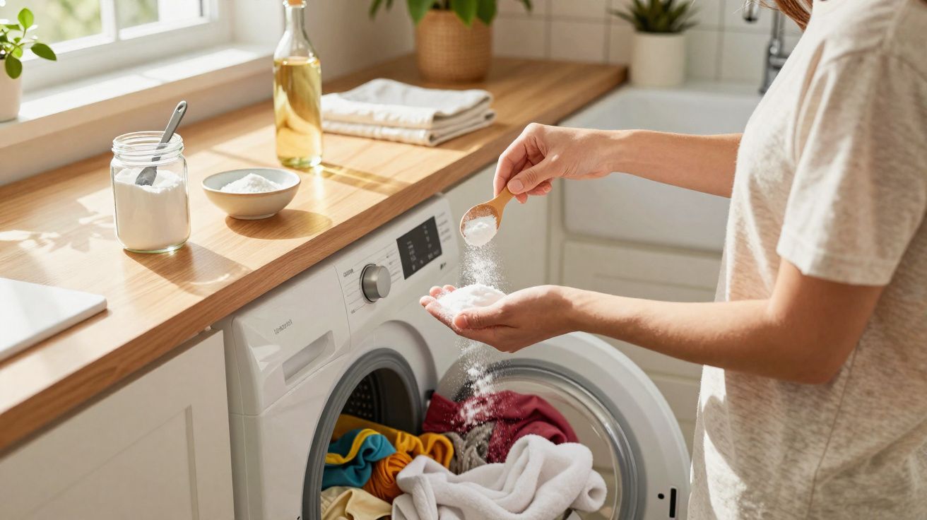 Pessoa adiciona detergente em pó na mão para colocar na máquina de lavar roupas cheia de roupas coloridas.